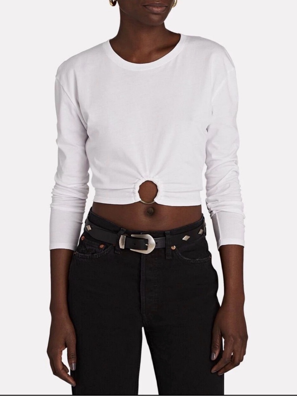 INTERMIX White Long-Sleeve Cropped Tee with Front Ring